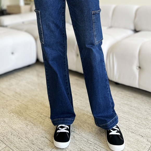 High-Rise Waist Cargo Pockets Denim Boyfriend Straight Leg Jean Pants Judy Blue - Picture 10 of 13